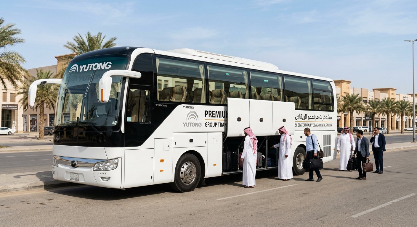 50 Seater Luxury Bus - Yutong Rental Riyadh - 50 Seater - Large group? Our 50 seater Yutong buses handle Hajj, Umrah, conferences, and long-distance trips with full comfort. - Professional driver fuel toll included luxury vehicle - Aura Bus Rental Riyadh - SAR 1200/day